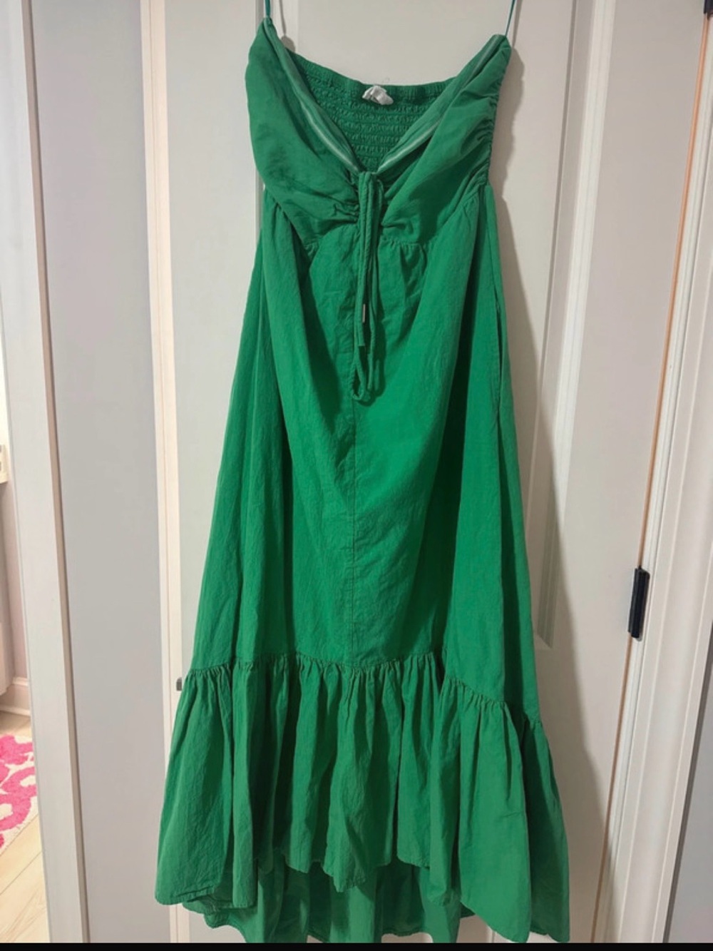 Green Strapless Tie-Front High-Low Maxi Dress with ruffle all cotton